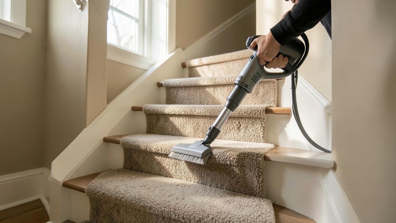 Vacuuming a wool stair runner along the tread and into the crease