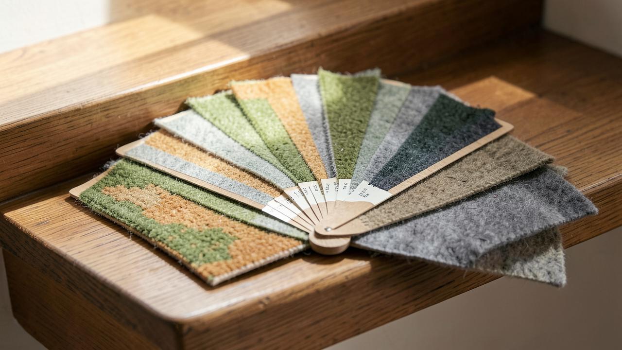 A fan of carpet colour samples resting on a wooden stair tread