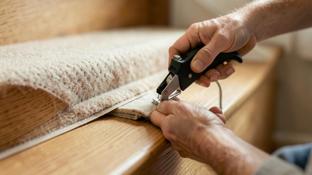 A staple gun fixing a stair runner into the crease between tread and riser