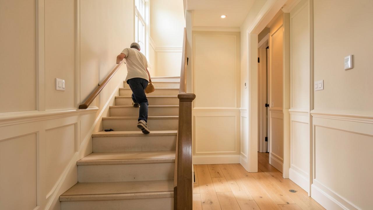 A runner carried up a staircase and continuing across a bright landing