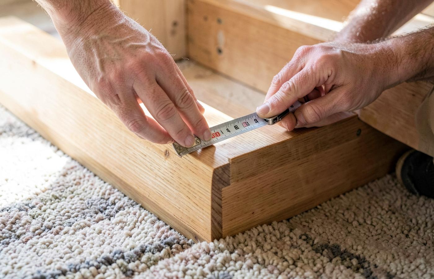 A tape measure laid over a stair tread and riser while measuring for a runner