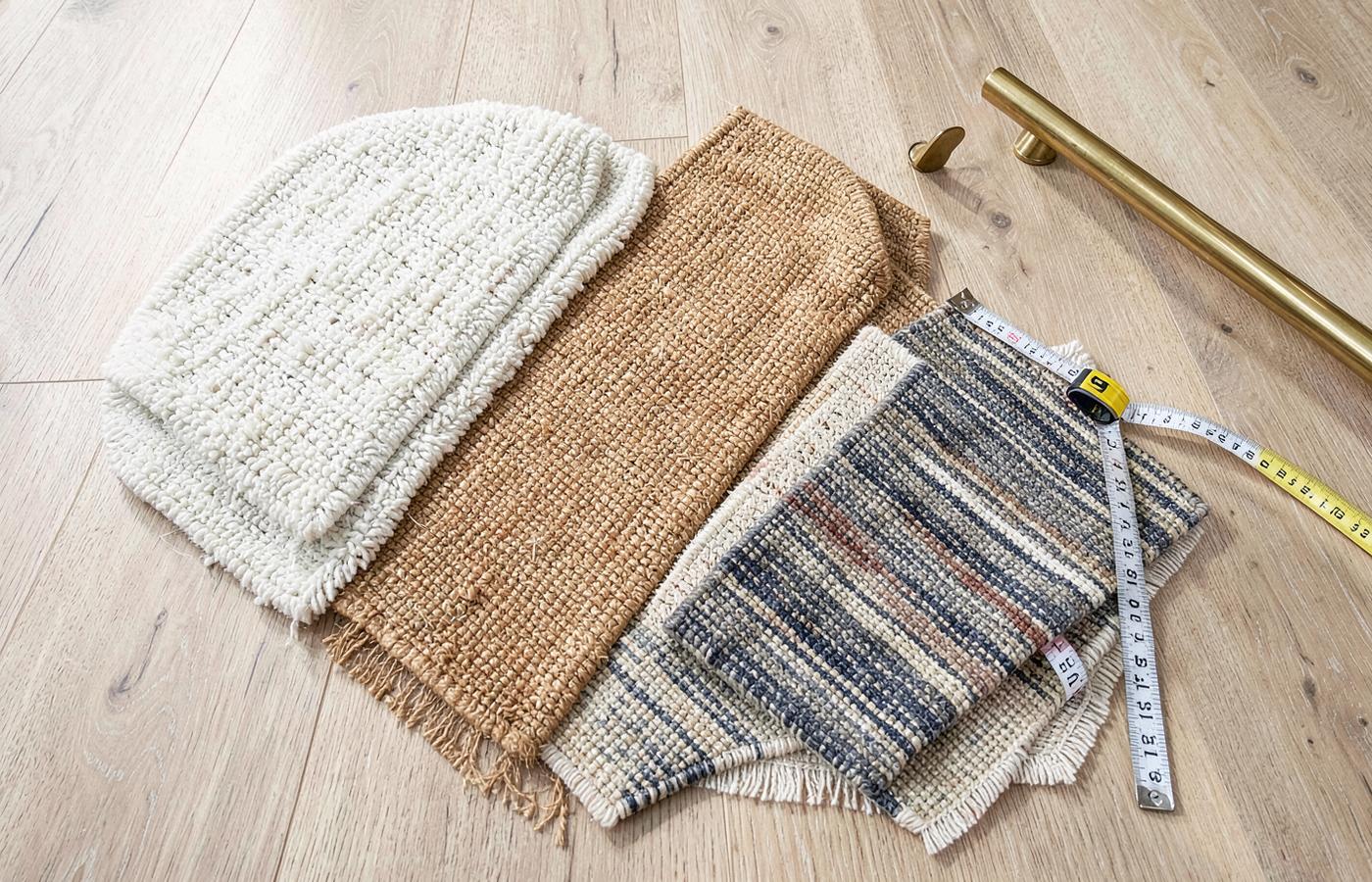 Carpet samples of different fibres and pile constructions arranged for selection