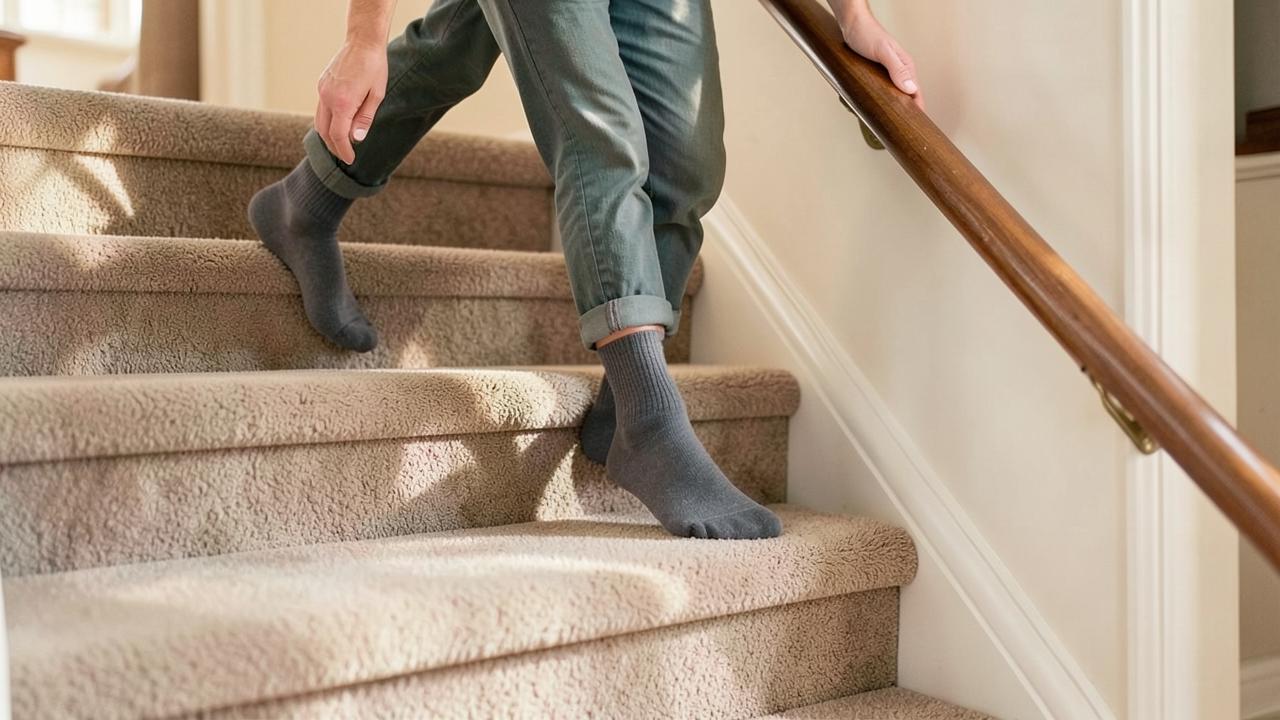 Someone walking down carpeted stairs in socks with a hand on the handrail