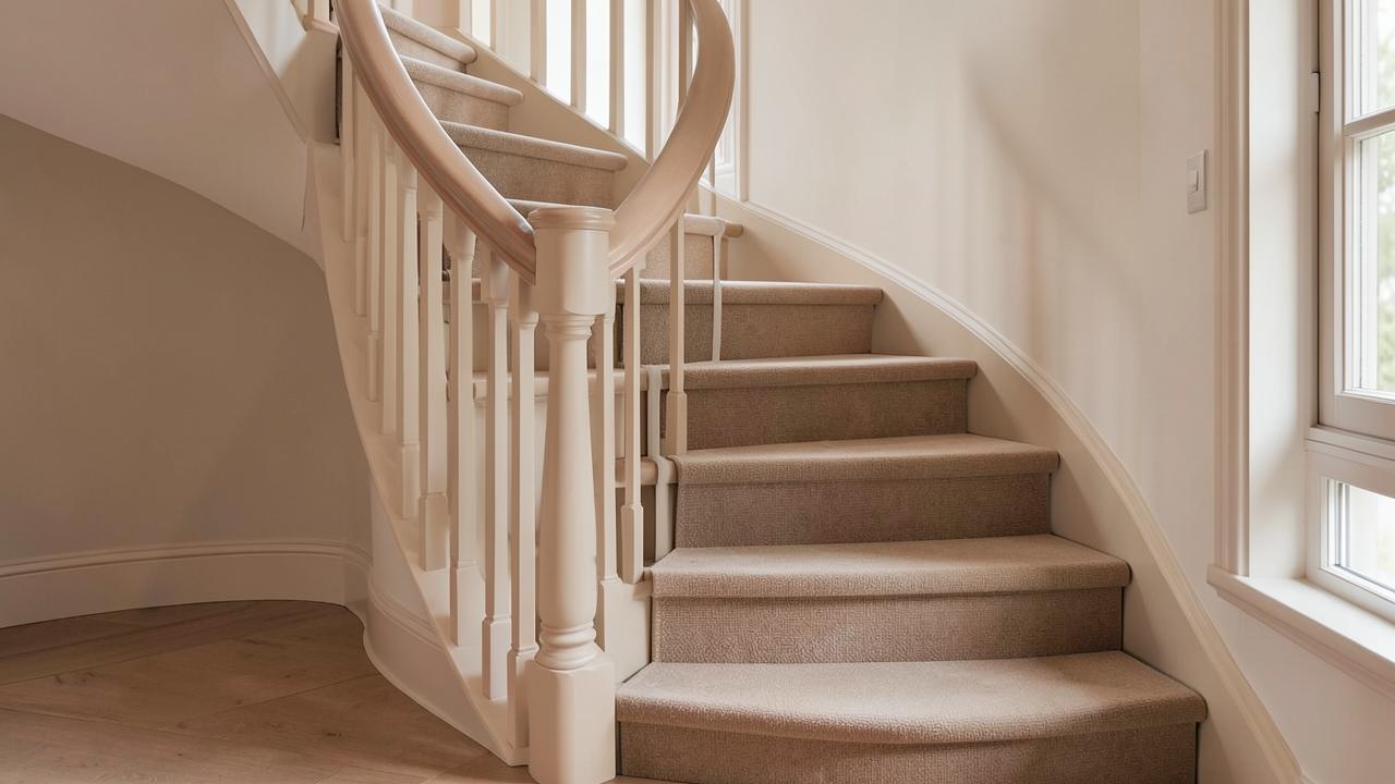 A staircase turning on winder treads with a runner following the curve